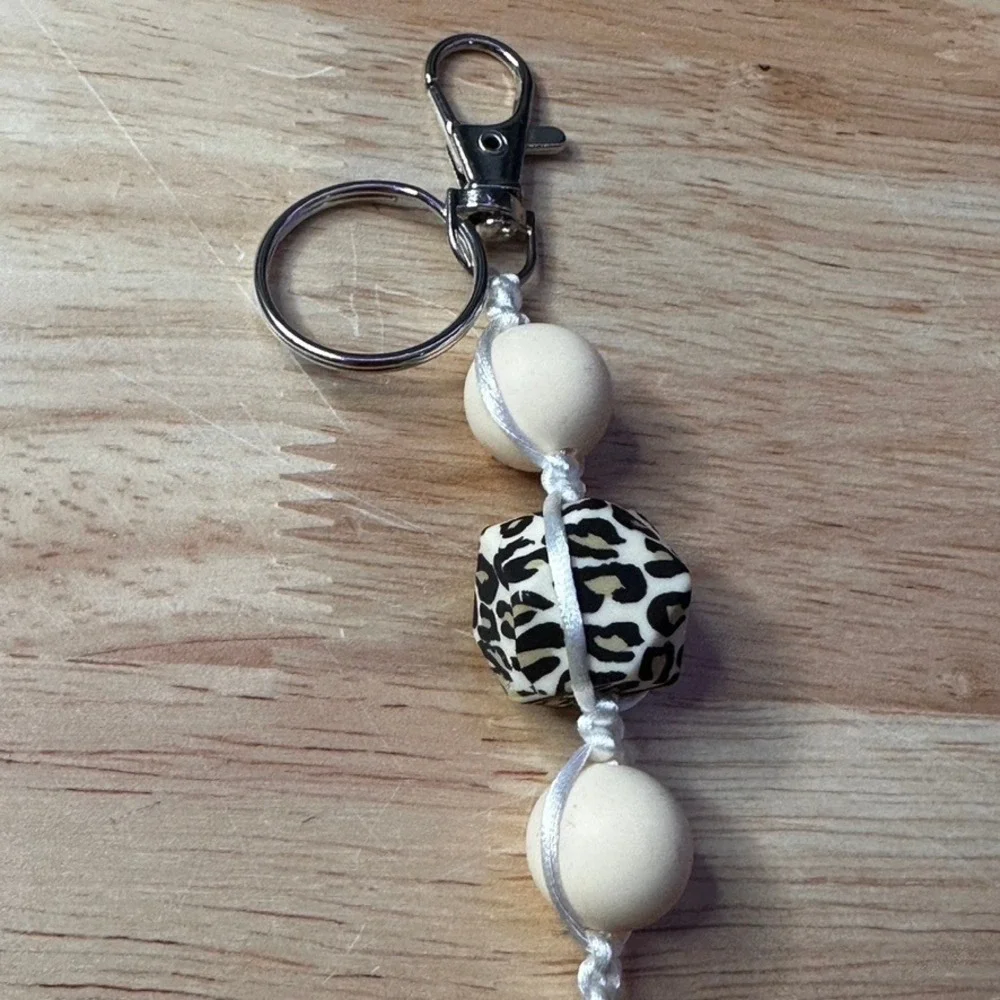 Leopard Print Beaded Keychain Boho Tassel Bag Charm Cream Neutral Animal Print